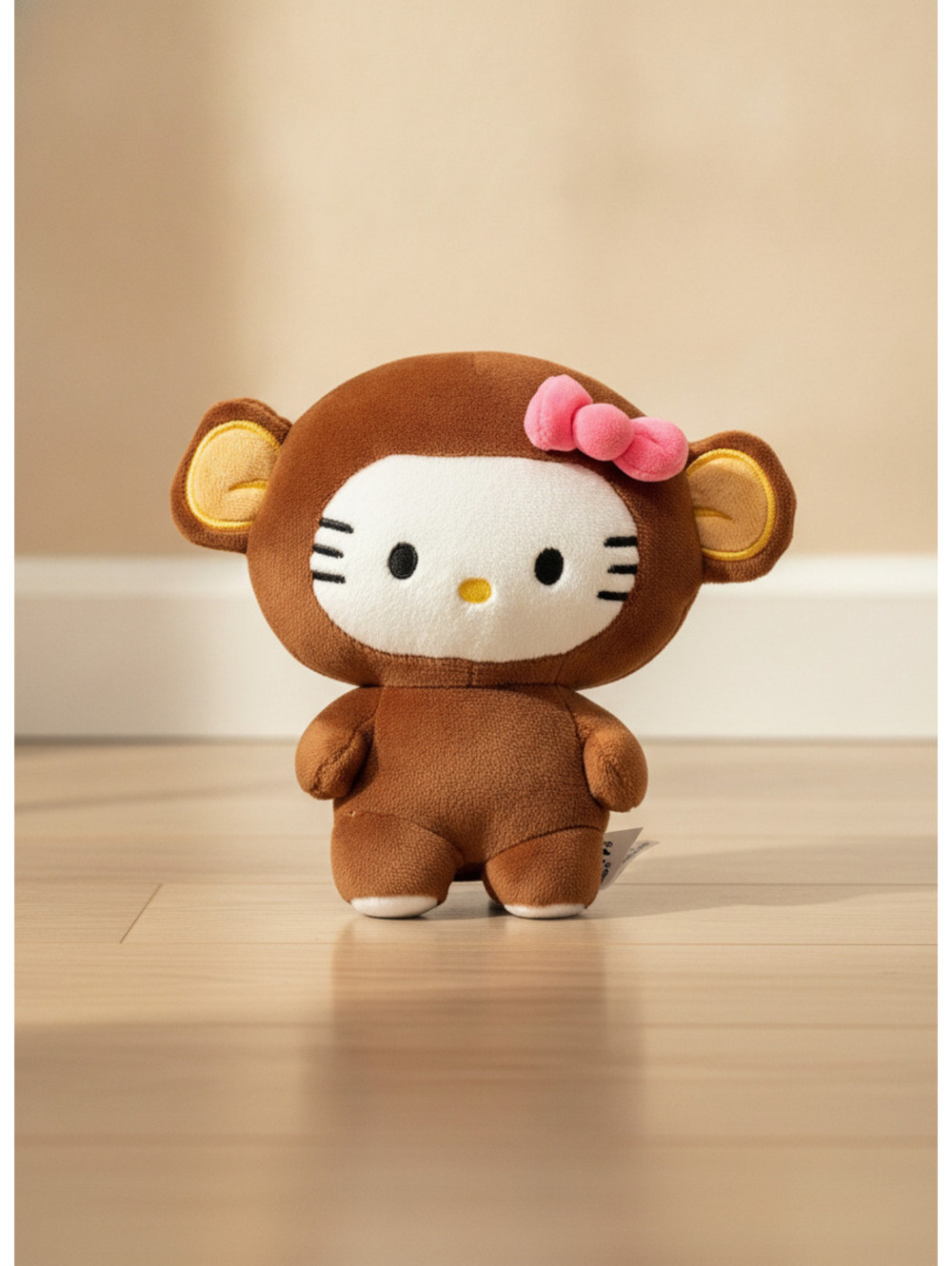 Hello Kitty Plush Toy in Brown Monkey Costume with Pink Bow, Approximately 6-In